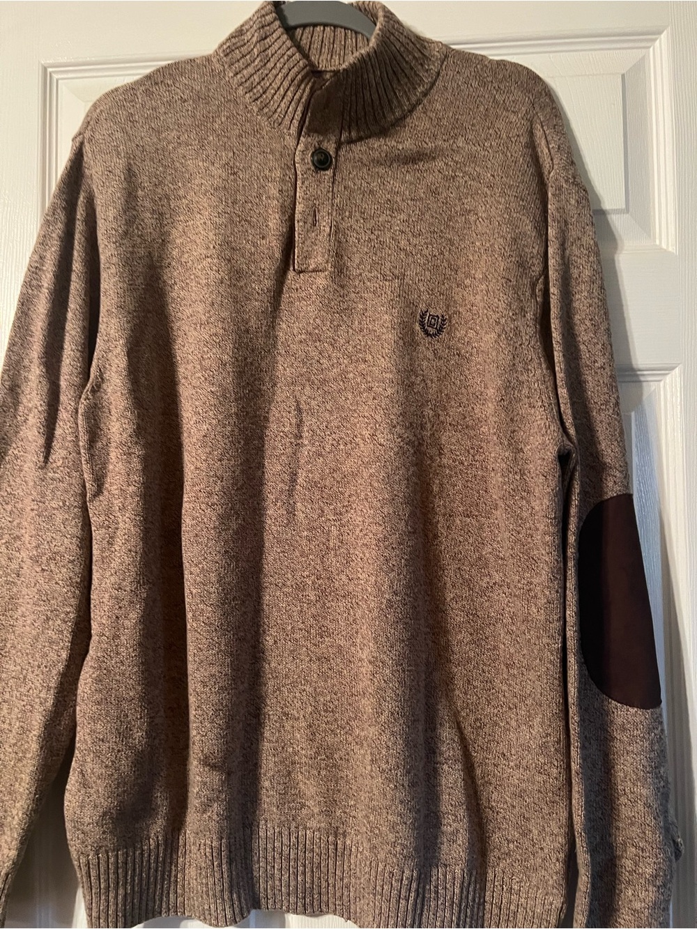 Chaps Men's Heathered Brown Quarter-Button Sweater with Elbow Patches